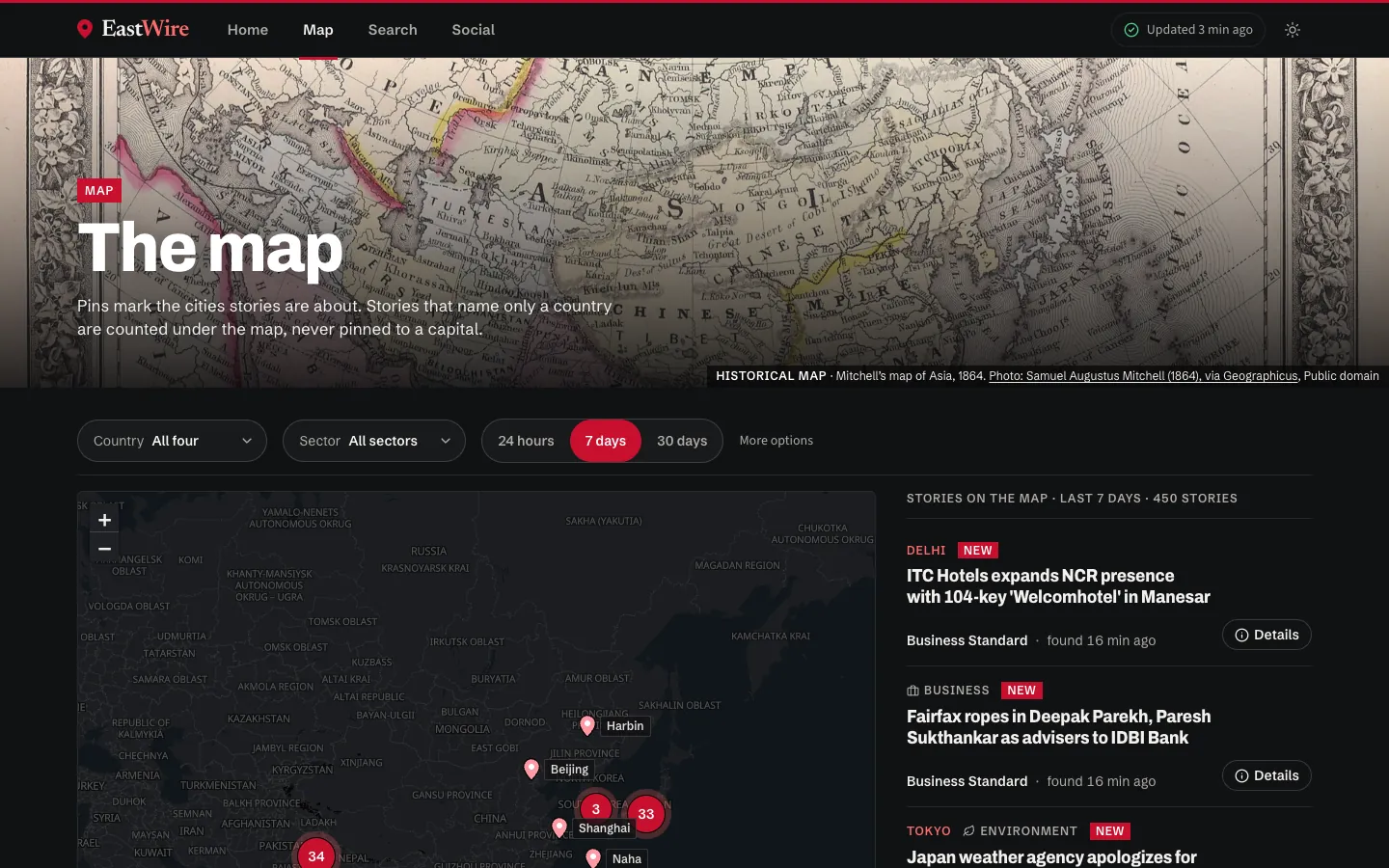 EastWire map page: city pins and clusters across Asia beside a list of stories.