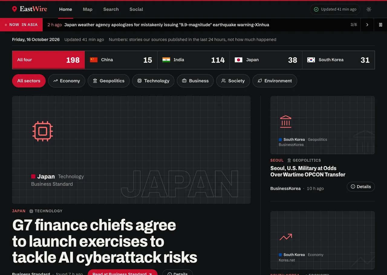 The live EastWire site: the front page with country counts and stories, then the map with city pins across Asia.