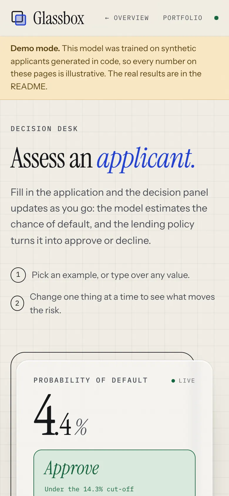 Decision desk on a phone, with the demo-mode banner.